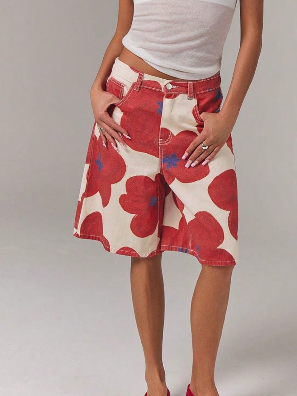 Multicolor Casual Women's Denim Floral Print Low Waist Shorts - Picture 3 of 5